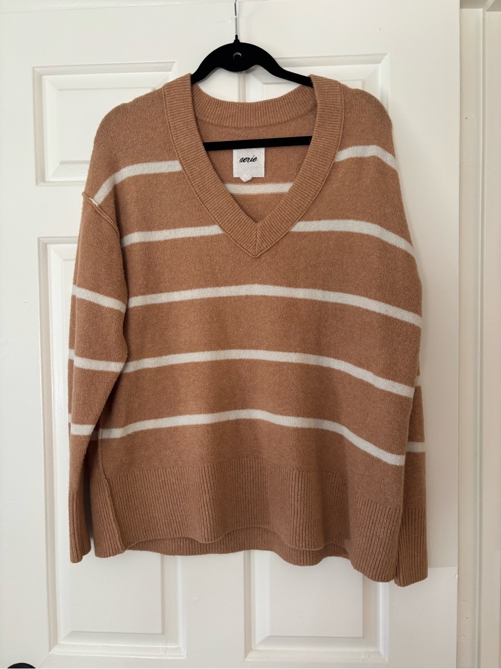Aerie Striped V-Neck Oversized Sweater XS Camel Cream Soft Knit Cozy
